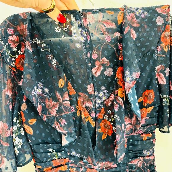 Keepsake Need You Now Navy Blue Red White Floral Ruffle Rouched Midi Dress XS - Picture 12 of 14